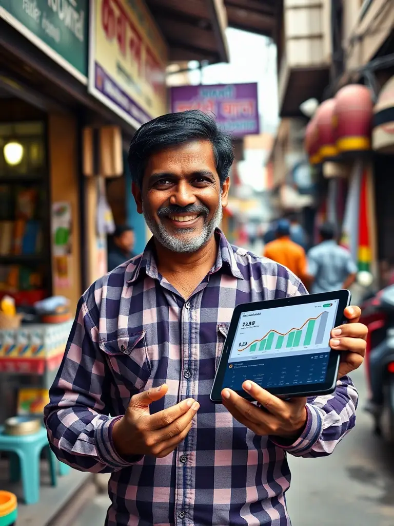 A visual of a thriving small business in India, with the owner celebrating a successful quarter, illustrating profit coaching.